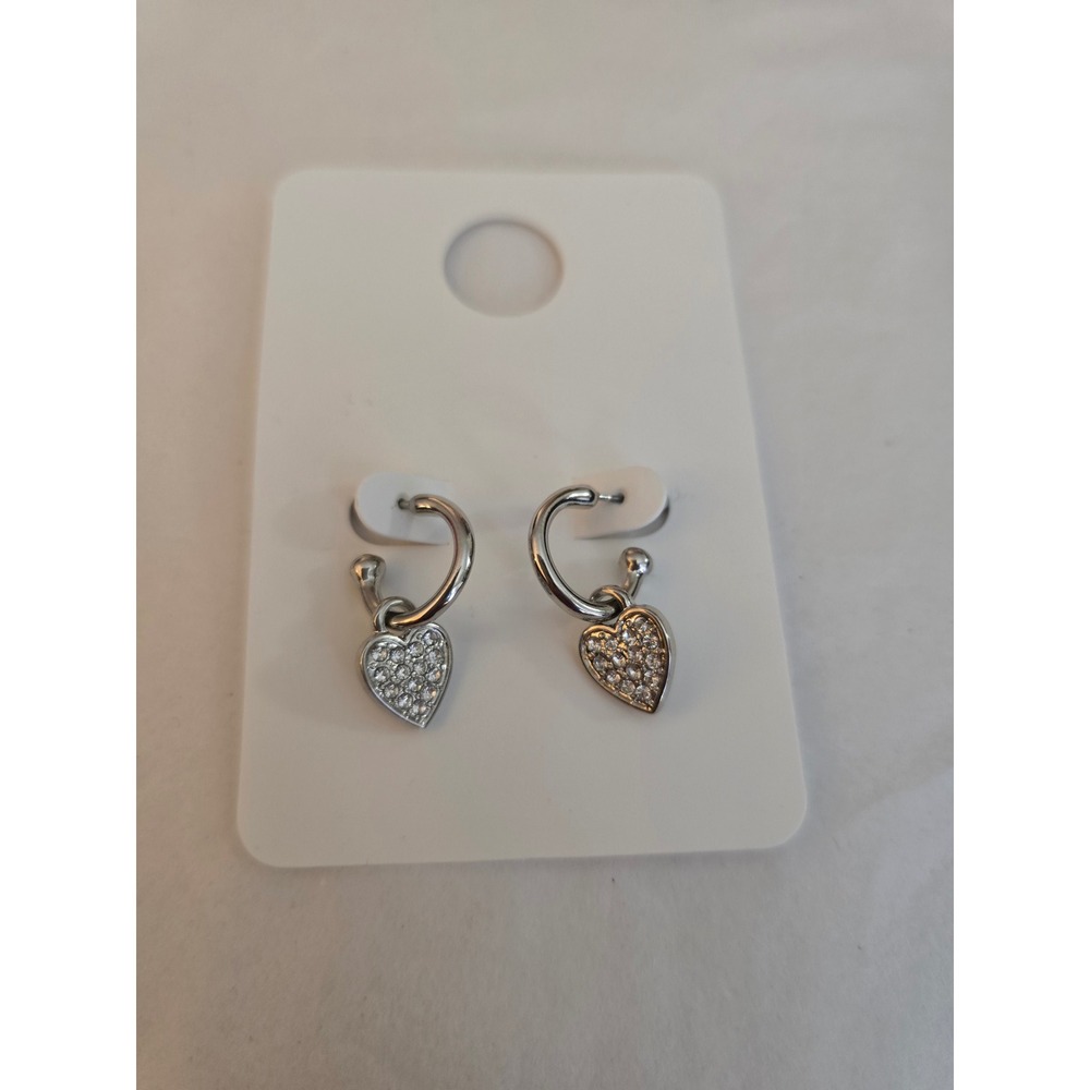 Silver Tone Pave Rhinestone Heart Dangle Huggie Hoop Earrings NWT